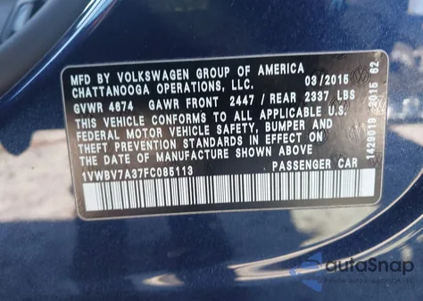 2015 Volkswagen Passat 2.0L Tdi Se z USA, uszkodzony, nr VIN 1VWBV7A37FC085113